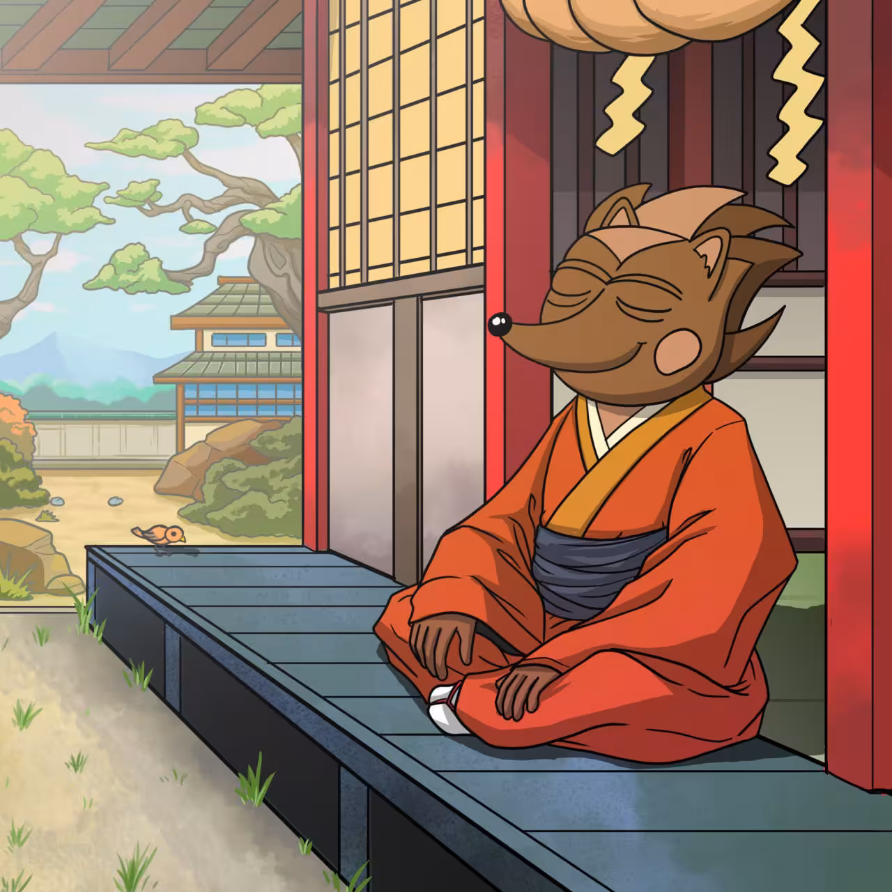 Hege, sitting cross-legged dressed in a red monk's robe, is meditating on the doorstep of a Buddhist temple.