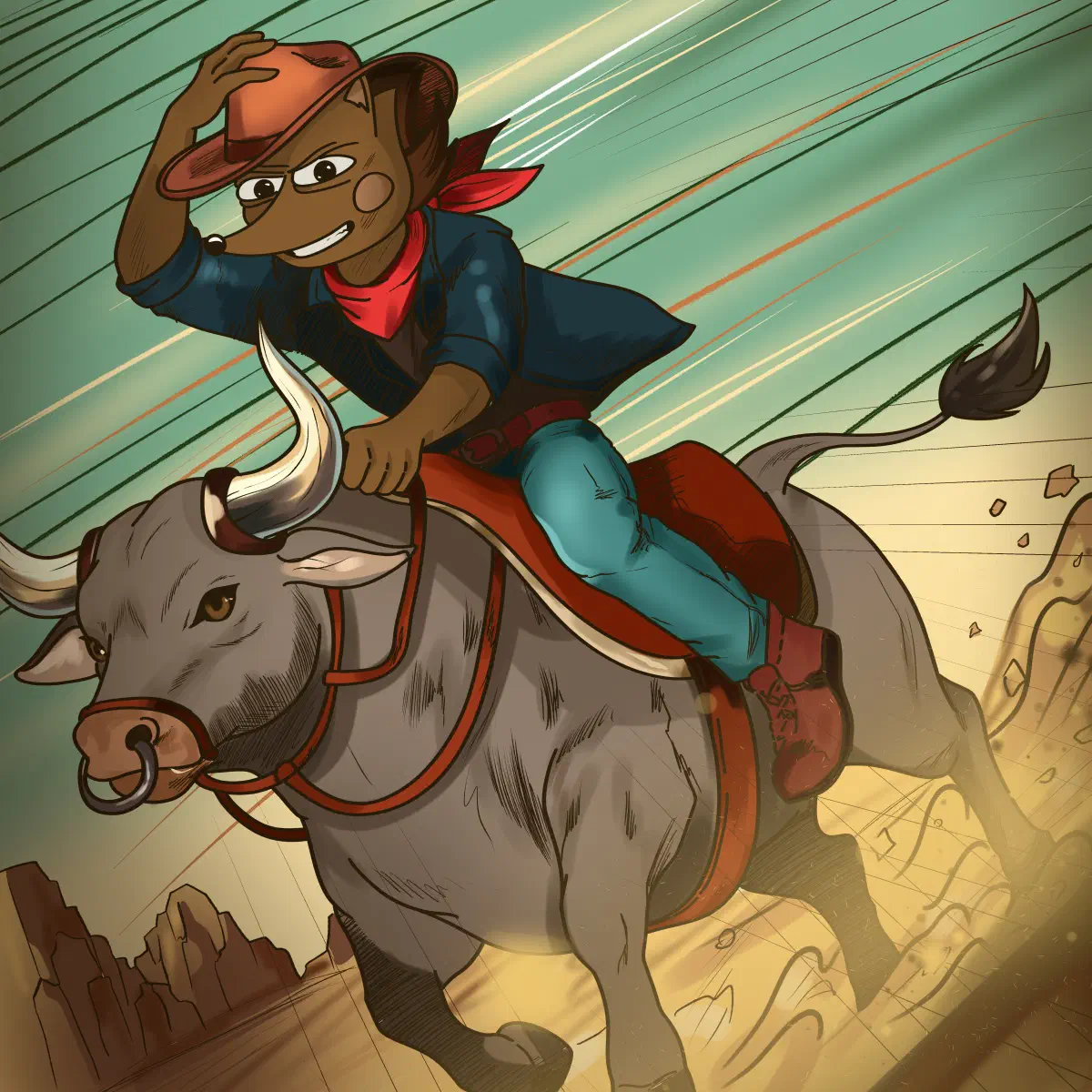 Hege, sporting a red cowboy hat with matching neckerchief, riding a raging bull.