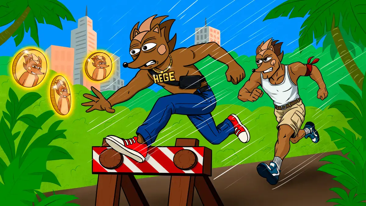 Hege jumping over a wooden barrier, with Hendrix following tight behind