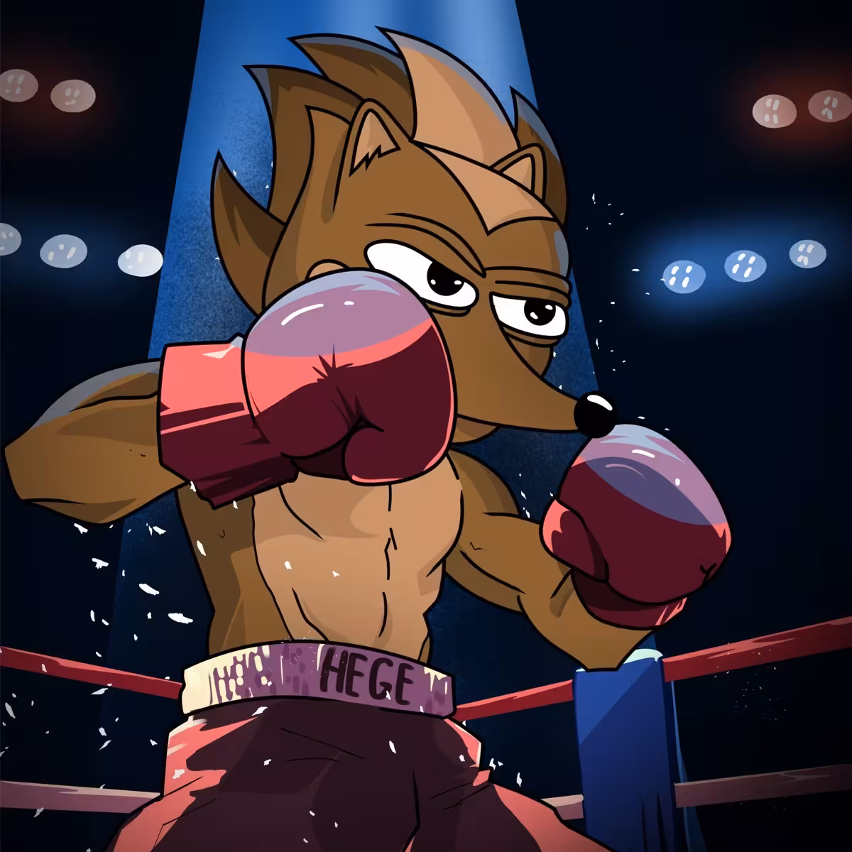 Hege in a boxing ring, wearing red gloves and red shorts, 100% determination and focus.