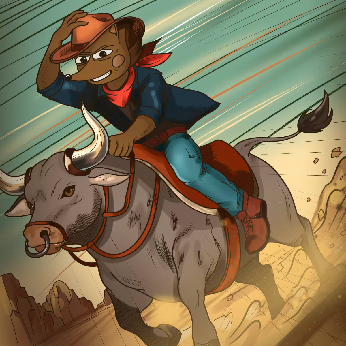 Hege, sporting a red cowboy hat with matching neckerchief, riding a raging bull.