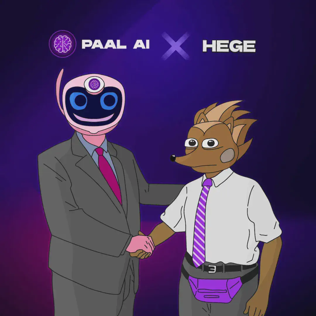 Paal AI-headed man in a grey suit to the left, shaking hands with Hege, standing to the right. Hege is dressed in white shirt, purple tie, grey pants, and is sporting a purple fanny pack.