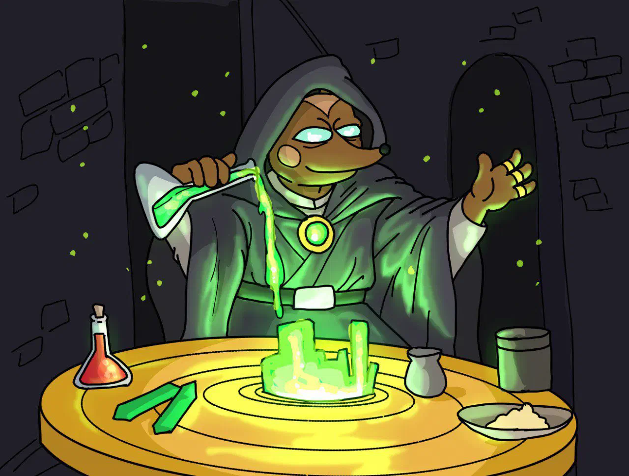 Medieval alchemist Hege, dressed in a dark green robe and with a blue glow in his eyes, is pouring a green glowing liquid from a beaker onto the experiment on his table.