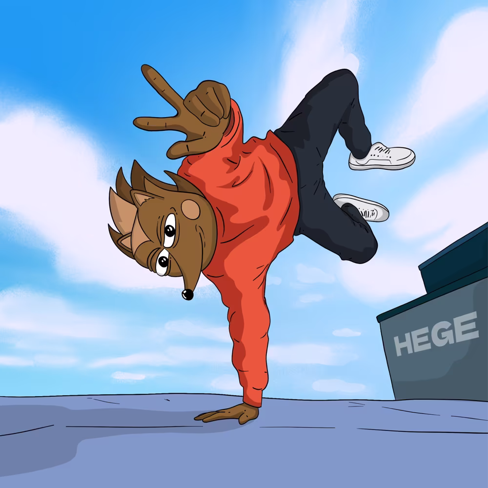 Breakdancer Hege, dressed in a red sweatshirt, standing on his right arm, the left raised flashing the V sign.