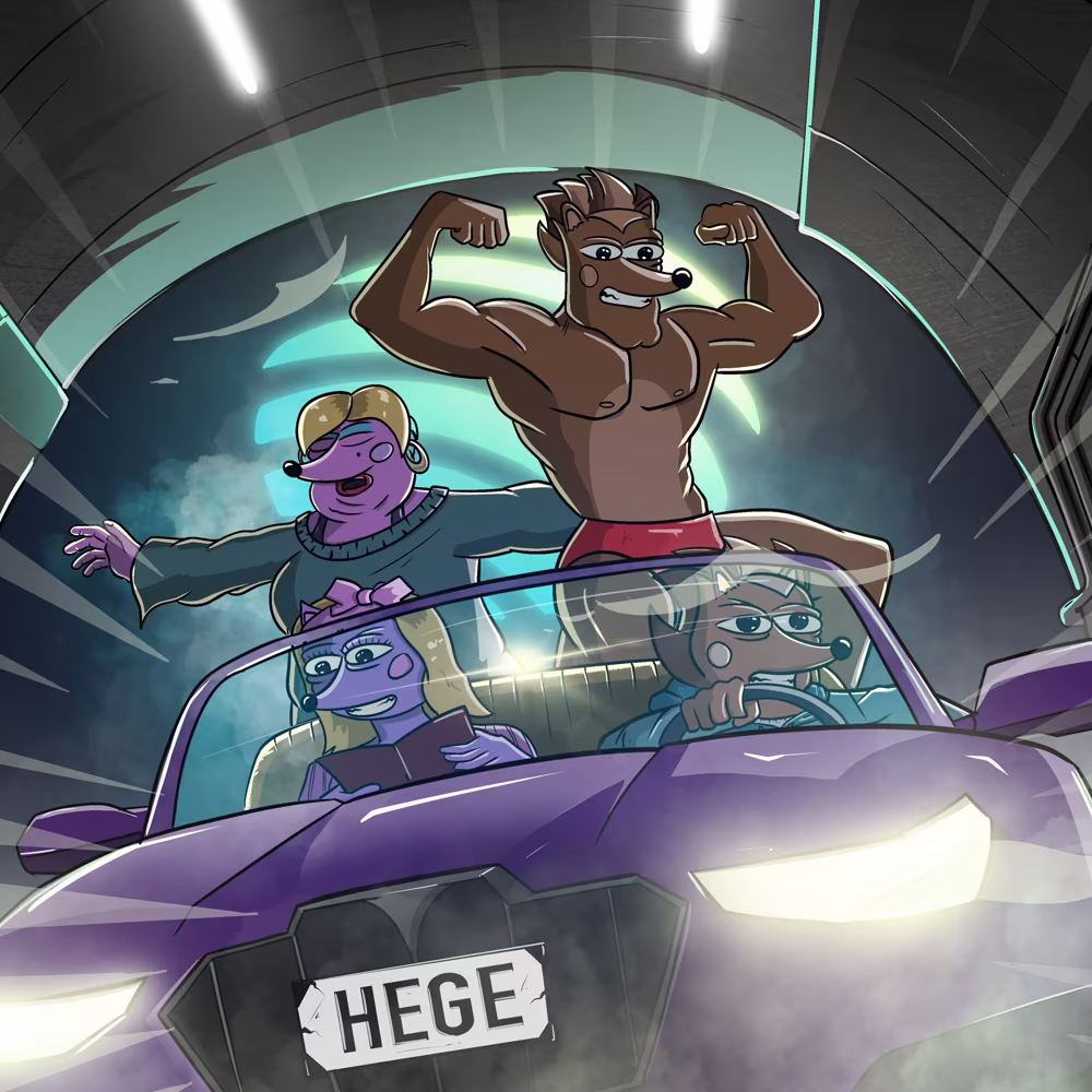 Hege behind the wheels of a purble cabbed sportscar, Helena and Hendrix standing up in the back seat.