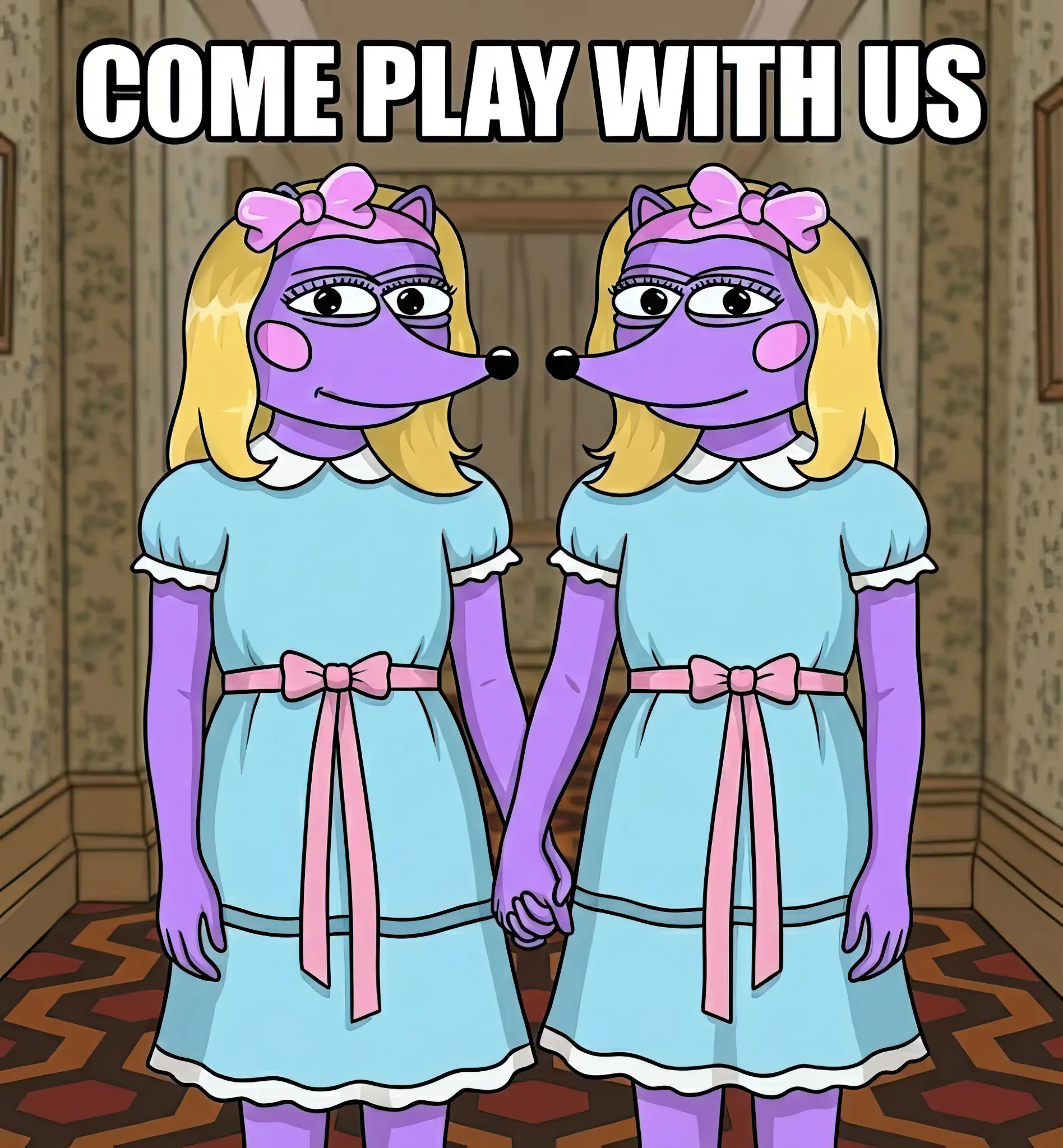 Hegena identical twins, in turquoise dresses, holding hands