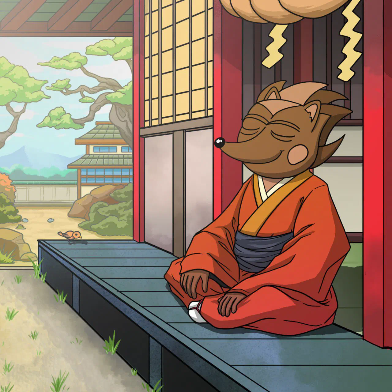 Hege, sitting cross-legged dressed in a red monk's robe, is meditating on the doorstep of a Buddhist temple.