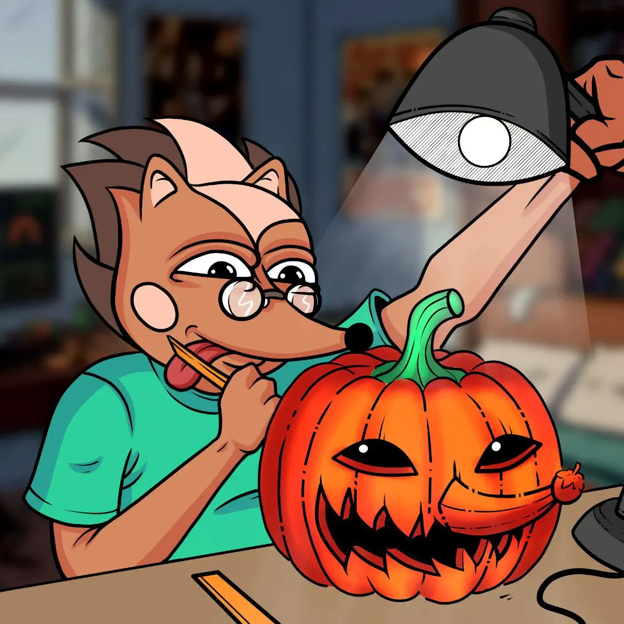 Hege carving a jack-o'-lantern