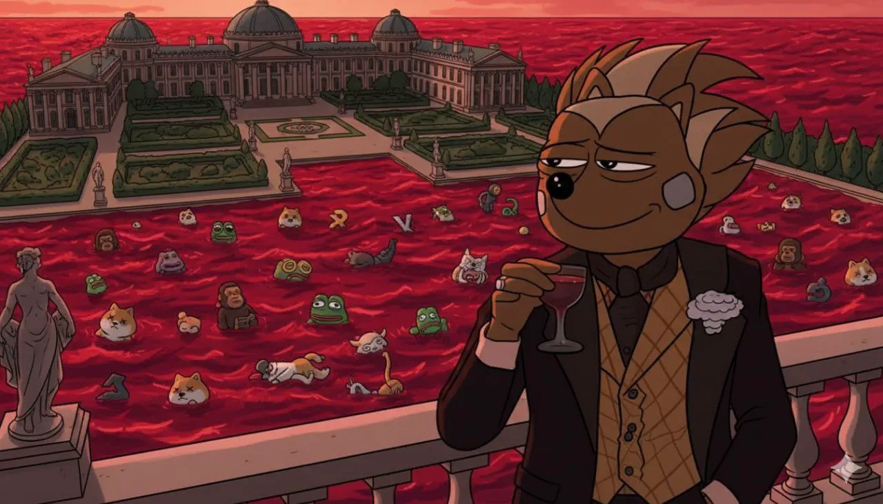 Hege dressed in a nice suit, sipping a glass of red wine on a balcony, sideways glancing down at memecoin characters drowning in a sea of blood beneath
