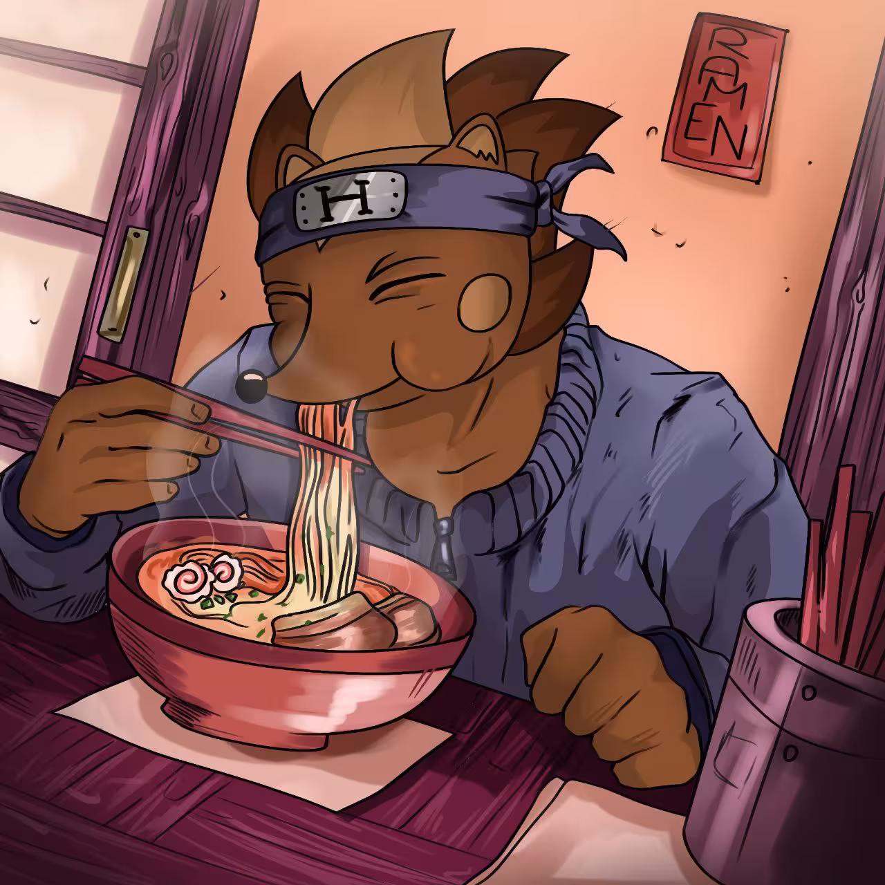 Hege, dressed in a blue jacket with a matching headband, is enjoying a bowl of noodles.